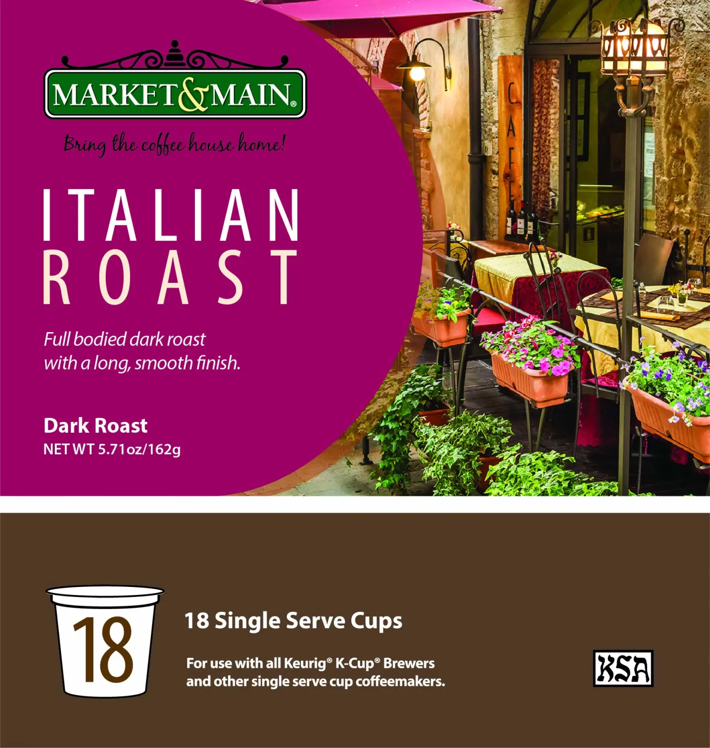 Market & Main OneCup, Italian Roast, Compatible with Keurig K-cup Brewers, 18 Count