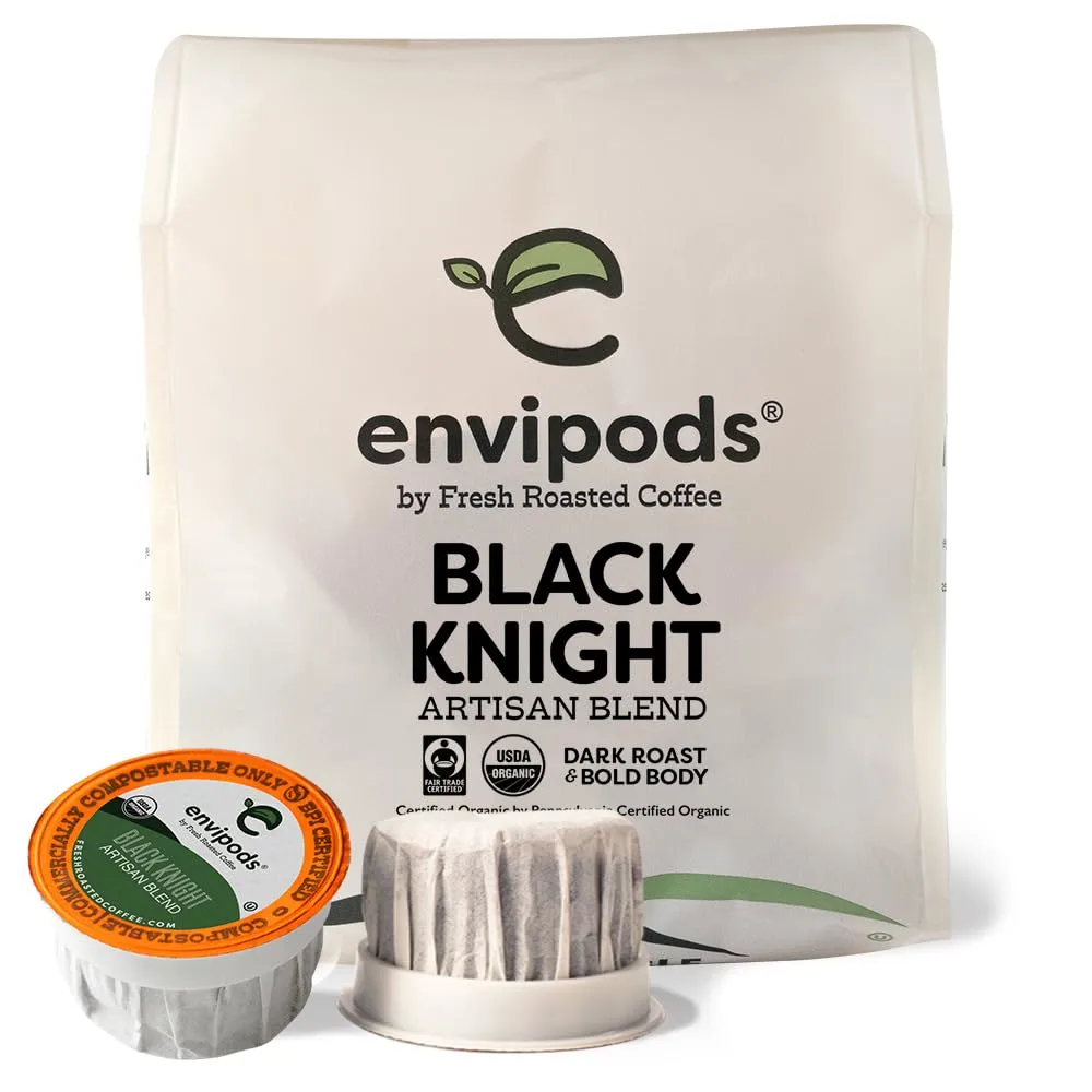 Fresh Roasted Coffee, Fair Trade Organic Black Knight Compostable envipods, Dark Roast, Kosher | 12 Count for Keurig K Cup Brewers | Not for use in Ninja or Hamilton Beach Brewers