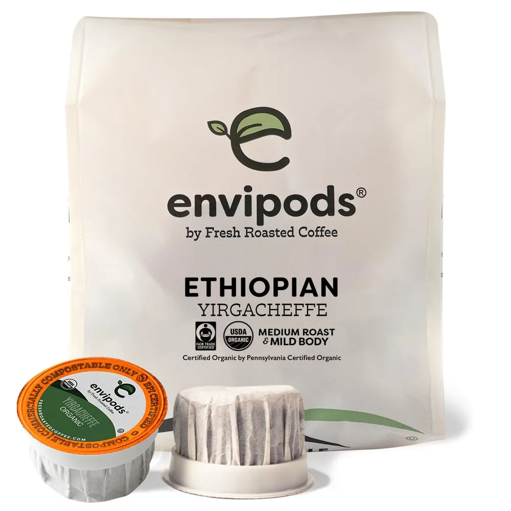 Fresh Roasted Coffee, Fair Trade Organic Ethiopian Yirgacheffe Compostable envipods, Kosher,Mold & Mycotoxin Tested, Medium Roast | 12 Count for Keurig K Cup Brewers | Not for use in Ninja or Hamilton Beach Brewers