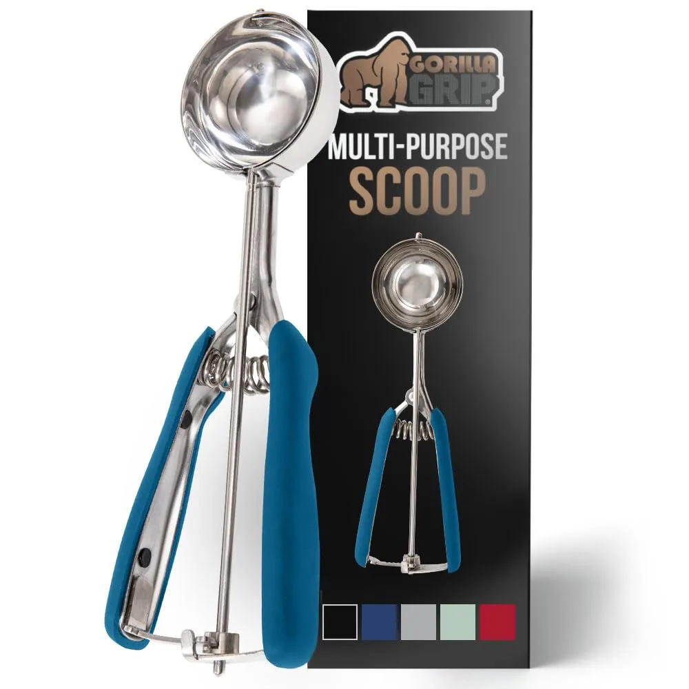 Gorilla Grip Stainless Steel Multipurpose BPA-Free Spring Scoop, 3 TBSP, Melon Ballers, Cookie Dough Scoops, Perfect Portion Sizes, Easy Squeeze and Clean Release, Scooper Size 24, Blue