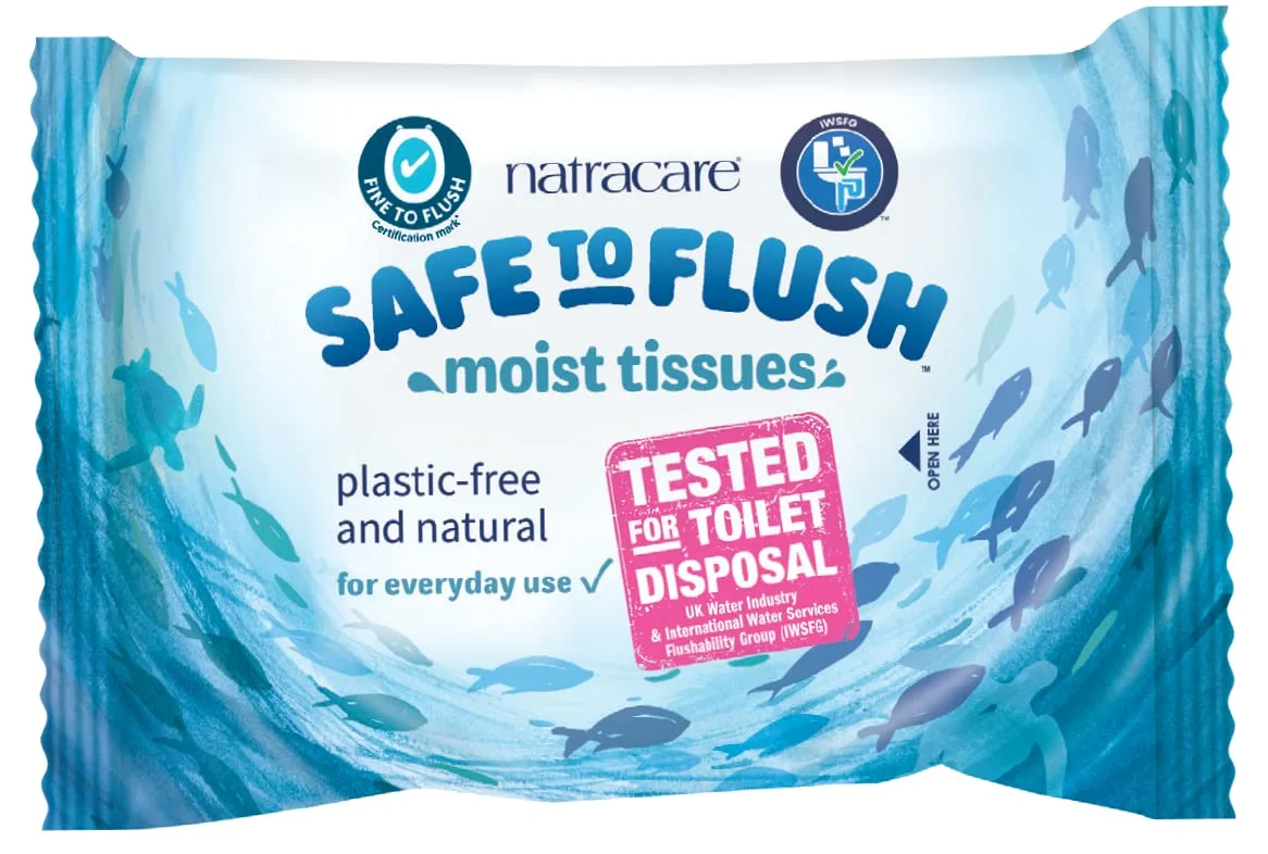 Natracare Safe to Flush Moist Tissues, Made of 100% Paper and an Organic and Natural formula with Aloe Vera and Witch Hazel, Sewer Safe, Flushable Wipes (1 Pack, 30 wipes total)