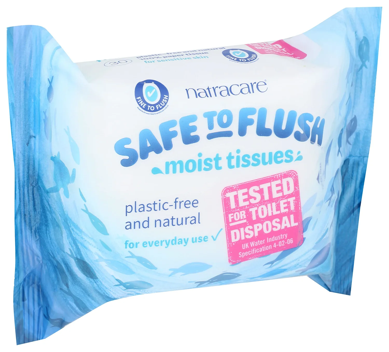 Natracare Safe to Flush Moist Tissues, Made of 100% Paper and an Organic and Natural formula with Aloe Vera and Witch Hazel, Sewer Safe, Flushable Wipes (1 Pack, 30 wipes total)