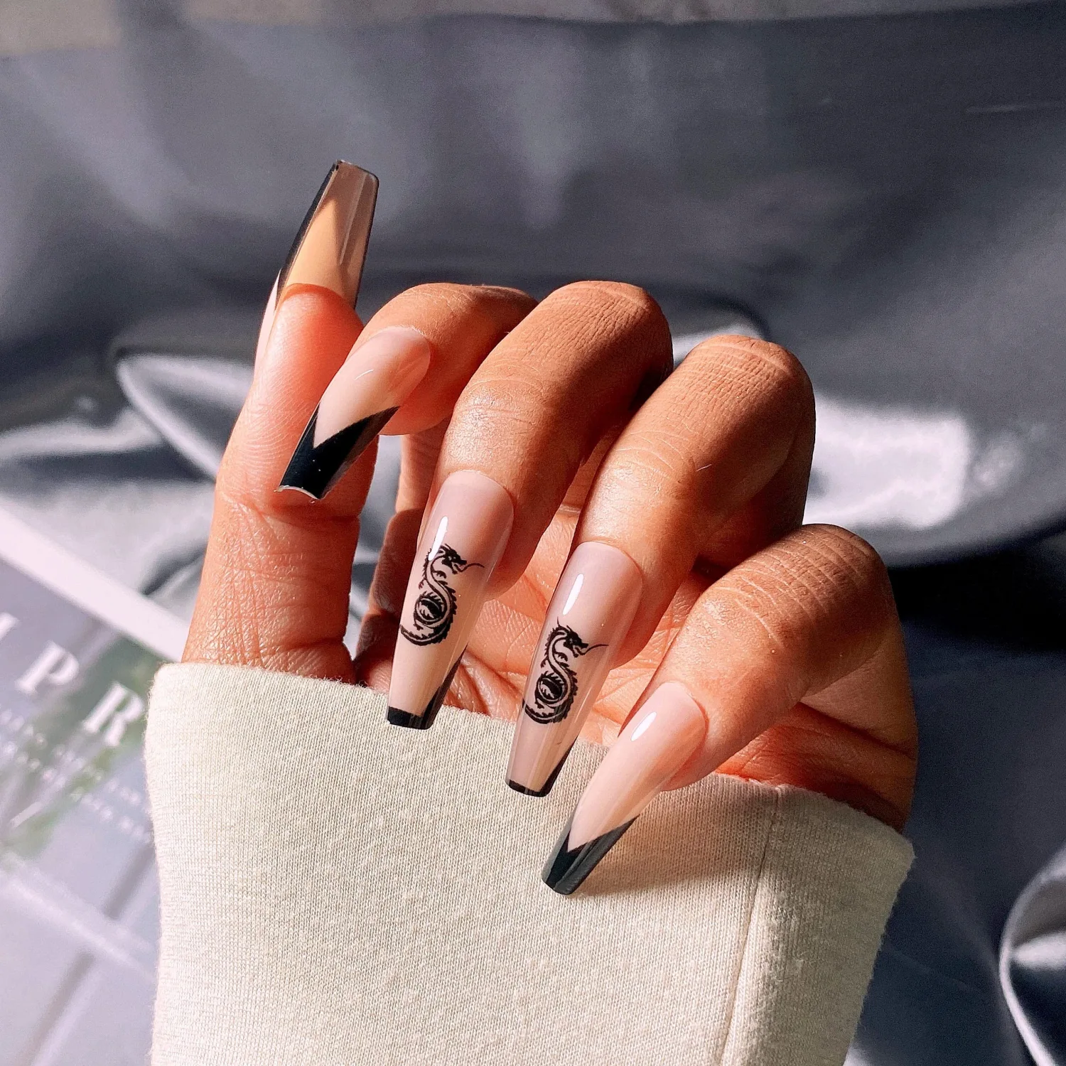 Glossy Coffin Extra Long Press on Nails with Designs,Nude Black French Fake Nails,Acrylic Nails Press on with Dragon Pattern 24PCS
