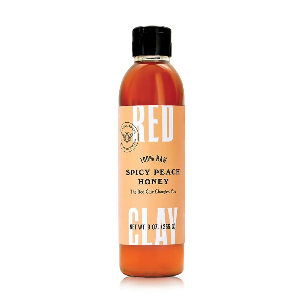 Hot Spicy Peach Honey by Red Clay Hot Sauce, Gluten Free, Paleo Friendly, Raw Wildflower Honey Infused with Real Peach Juice and Habanero Peppers, Sustainably Sourced, Medium Heat, Made in USA, 9 oz