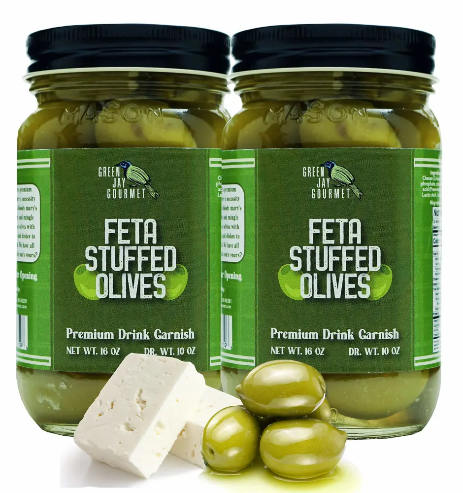 Green Jay Gourmet Feta Cheese Stuffed Olives – Cheese Stuffed Green Olives for Cocktail Garnish & Cheese Board – Dirty Martini Olives – Gourmet Olives – All Natural – Large – 2 x 16 Ounces