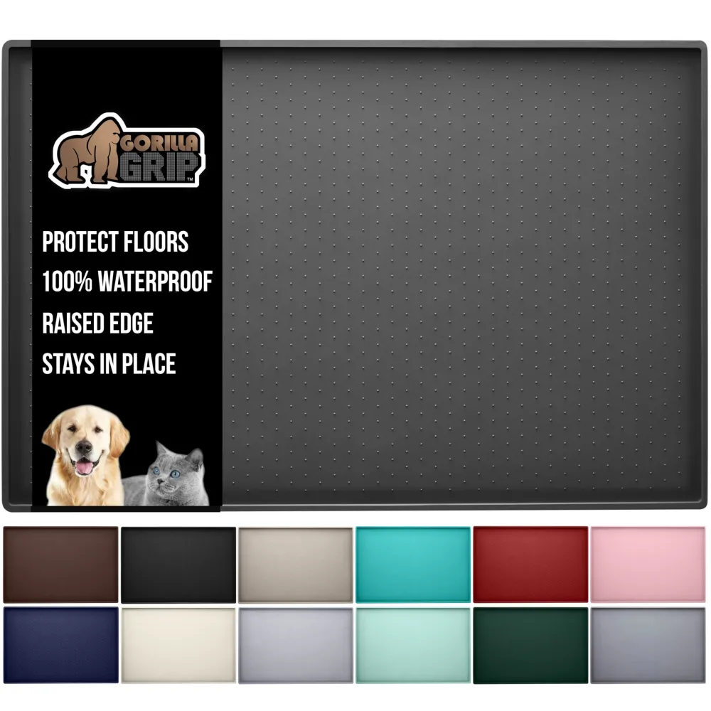 GORILLA GRIP 100% Waterproof Raised Edge BPA Free Silicone Pet Feeding Mat, Dog Cat Food Mats Contain Spills Protects Floors, Placemats for Cats and Dogs Water Bowl, Pets Accessories 32x24 Charcoal