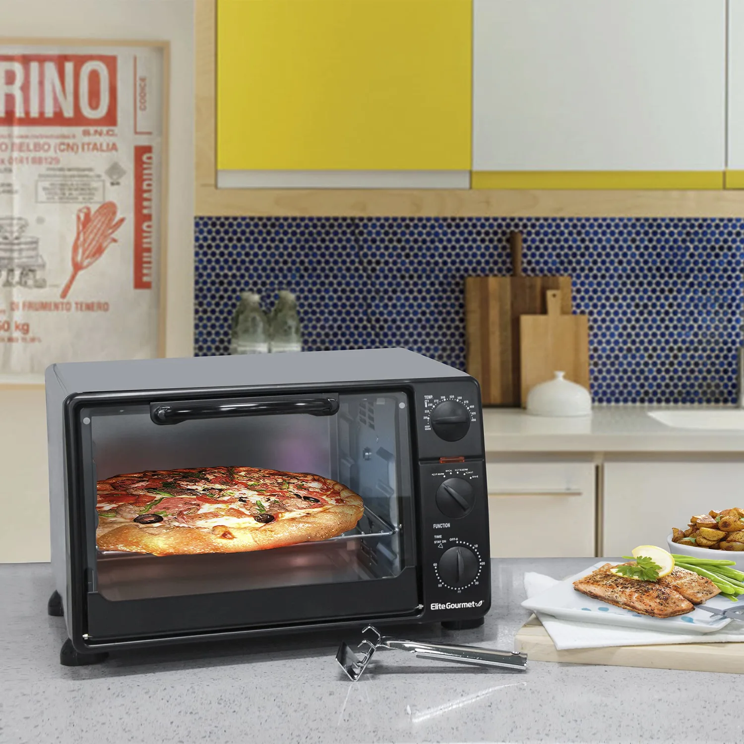 Elite Gourmet ERO-2008N# Countertop XL Toaster Oven, Rotisserie, Bake, Grill, Broil, Roast, Toast, Keep Warm and Steam (23L capacity fits a 12” pizza, 6-Slice, Black)