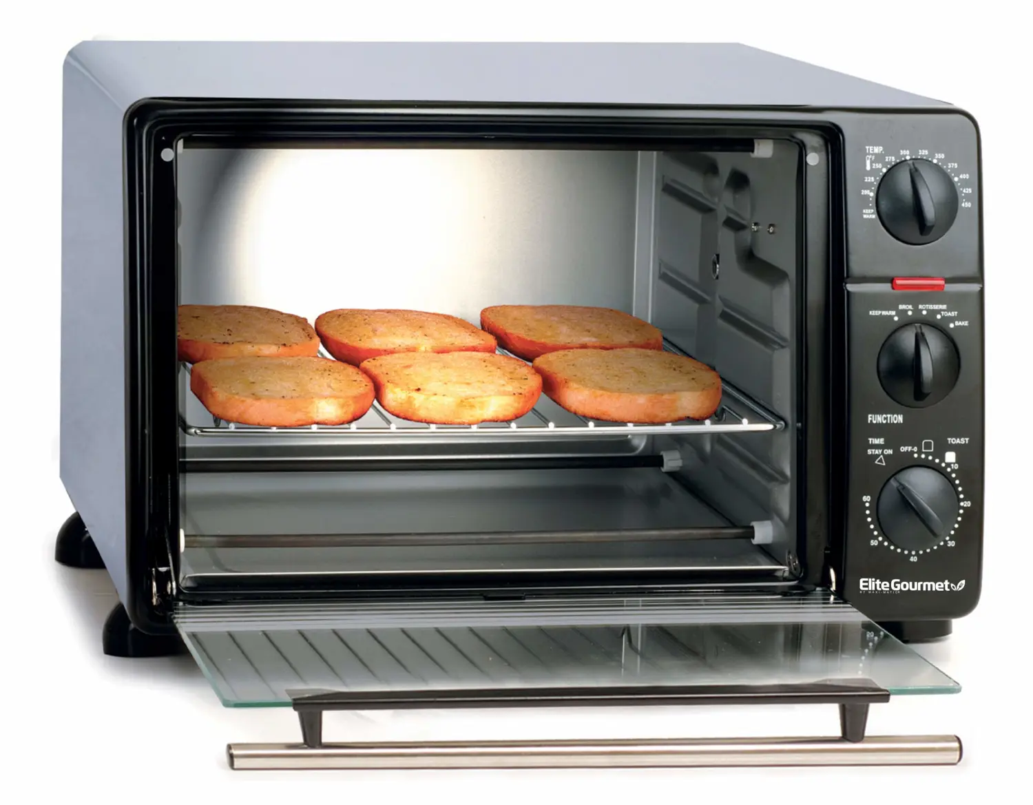 Elite Gourmet ERO-2008N# Countertop XL Toaster Oven, Rotisserie, Bake, Grill, Broil, Roast, Toast, Keep Warm and Steam (23L capacity fits a 12” pizza, 6-Slice, Black)