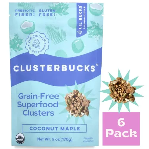 Lil Bucks Clusterbucks Gut Friendly Clusters made with Regenerative Organic Sprouted Buckwheat, Gluten Free Snack (Coco Maple, 6 Pack)