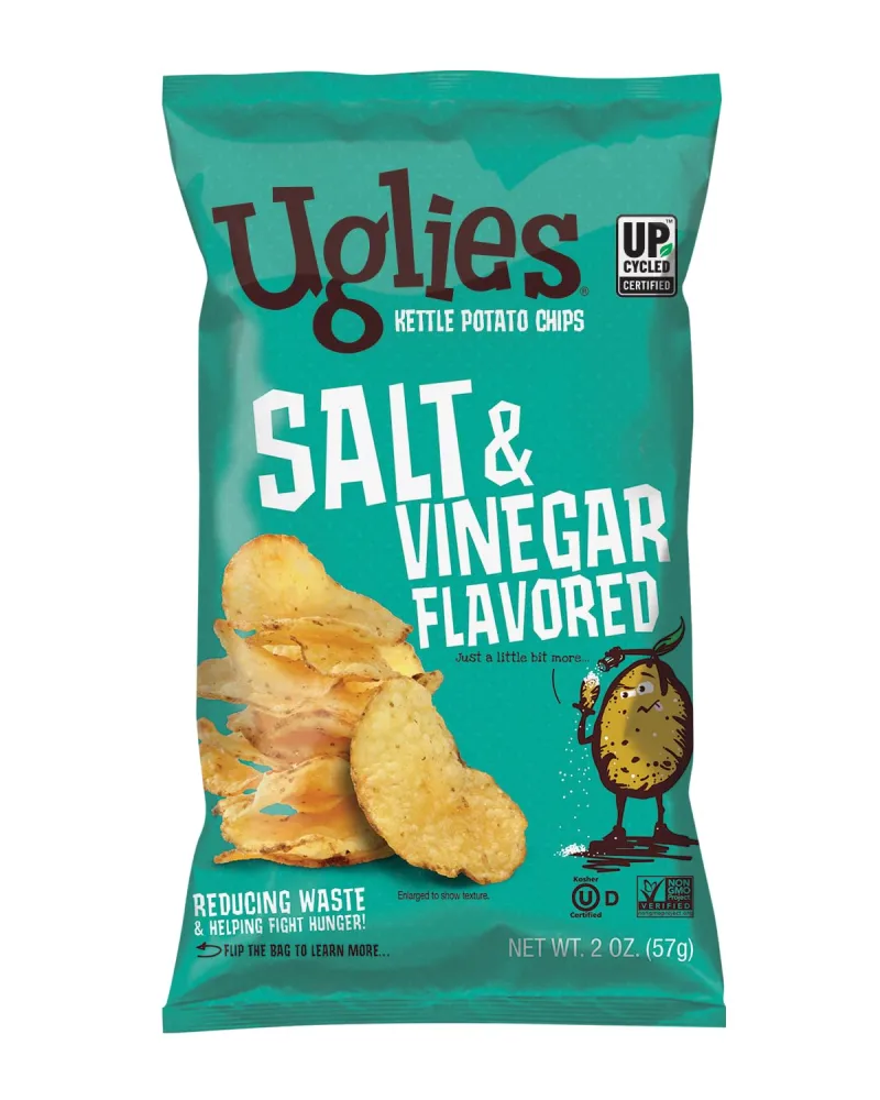 UGLIES Kettle-Cooked Potato Chips, Gluten-Free Snacks, Kosher-Friendly, Non-GMO Snacks for Kids or Office, Lunch Snacks, Individual Snack Packs, Salt and Vinegar Potato Chips, 2 Oz. Each, Pack of 12