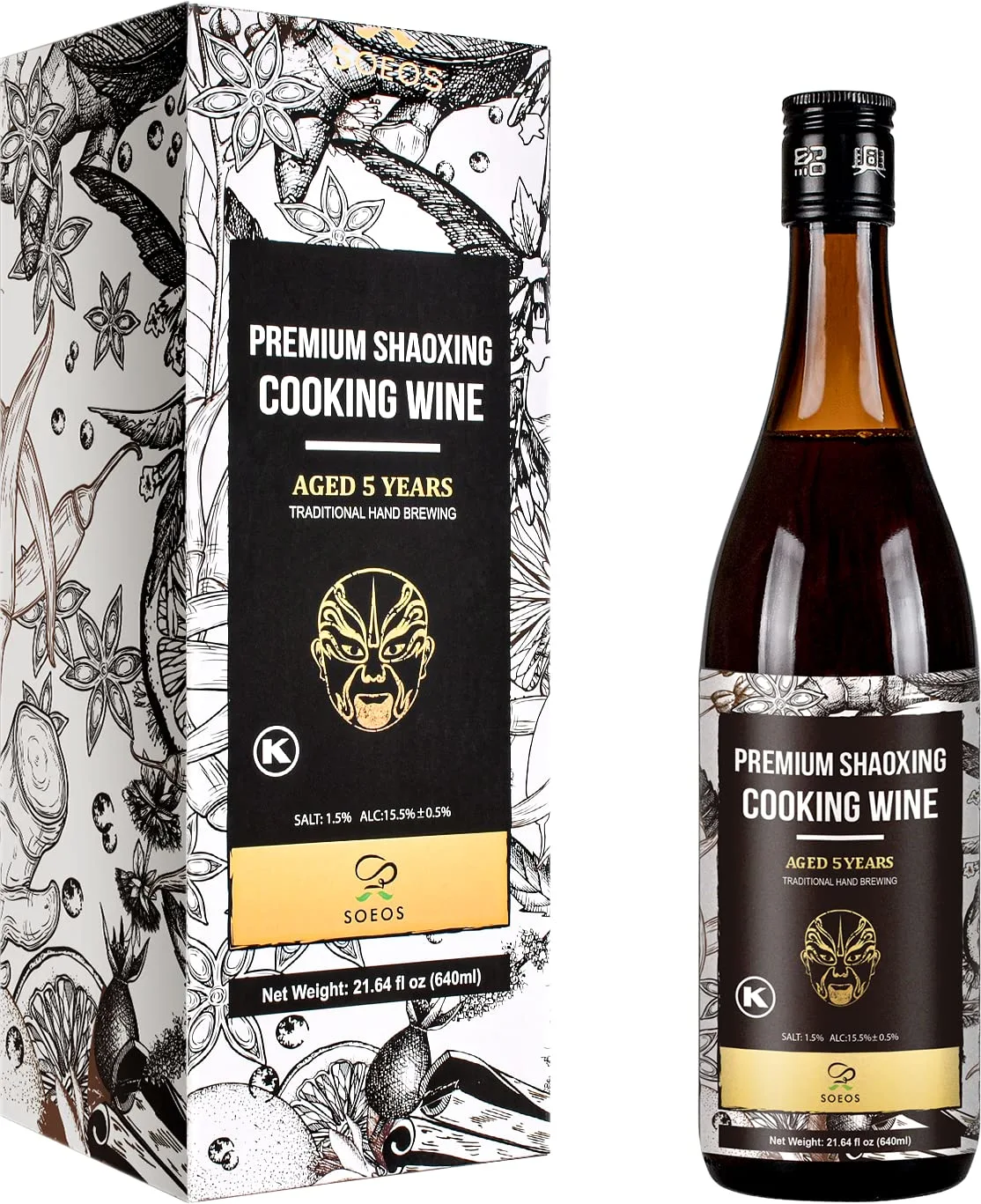 Soeos Cooking Wine,Shaoxing Rice Wine,Chinese Cooking Wine,Rice Cooking Wine,Shaoxing Wine Chinese Cooking Wine,Shao Hsing Rice Wine,21.64 fl oz (640 ml),1 Packs,Premium 5 Year Aged Cooking Wine