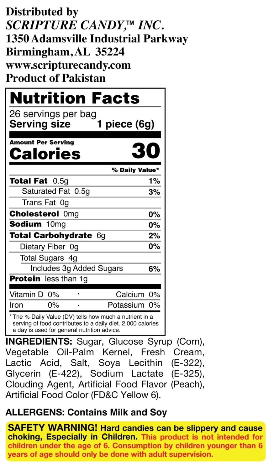 Scripture Candy, Peaches & Cream Hard Candy 5.5oz Bag, 25 Pieces