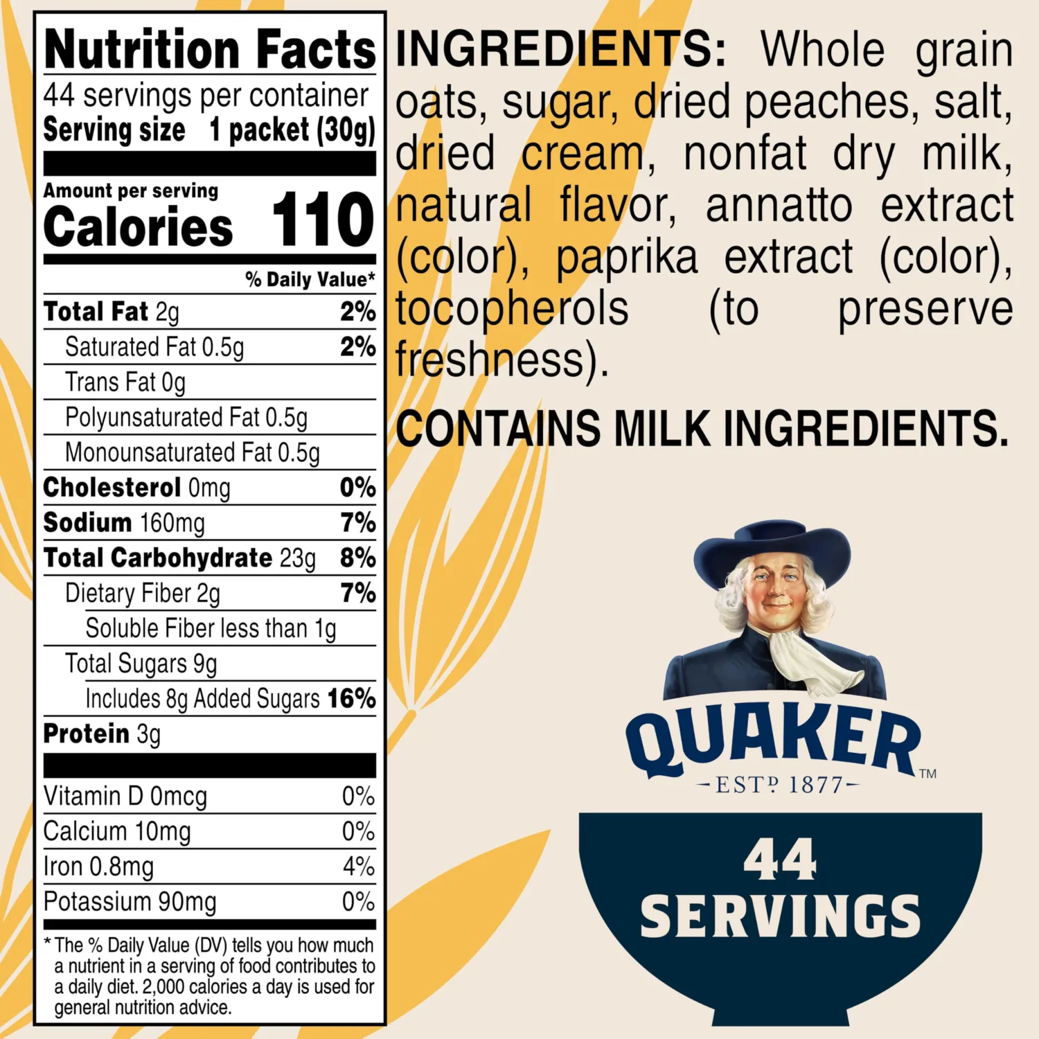 Quaker Instant Oatmeal, Peaches & Cream, 1.05oz, 44 Counts (Pack of 1)