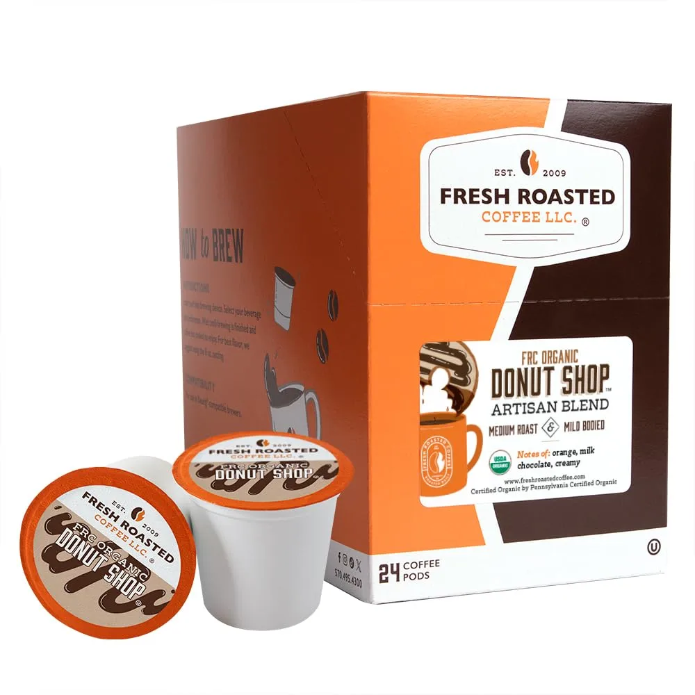 Fresh Roasted Coffee, Organic Donut Shop, Medium Roast, 24 Pods for K-Cup Brewers