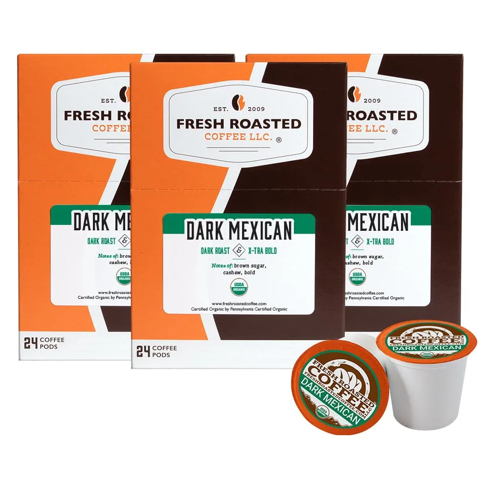 Fresh Roasted Coffee, Organic Dark Mexican, Dark Roast, Mold & Mycotoxin Tested, 72 Pods for K Cup Brewers