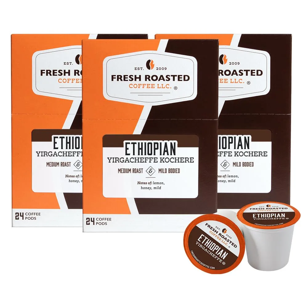 Fresh Roasted Coffee, Ethiopian Yirgacheffe Kochere, Medium Roast, 72 Pods for K Cup Brewers