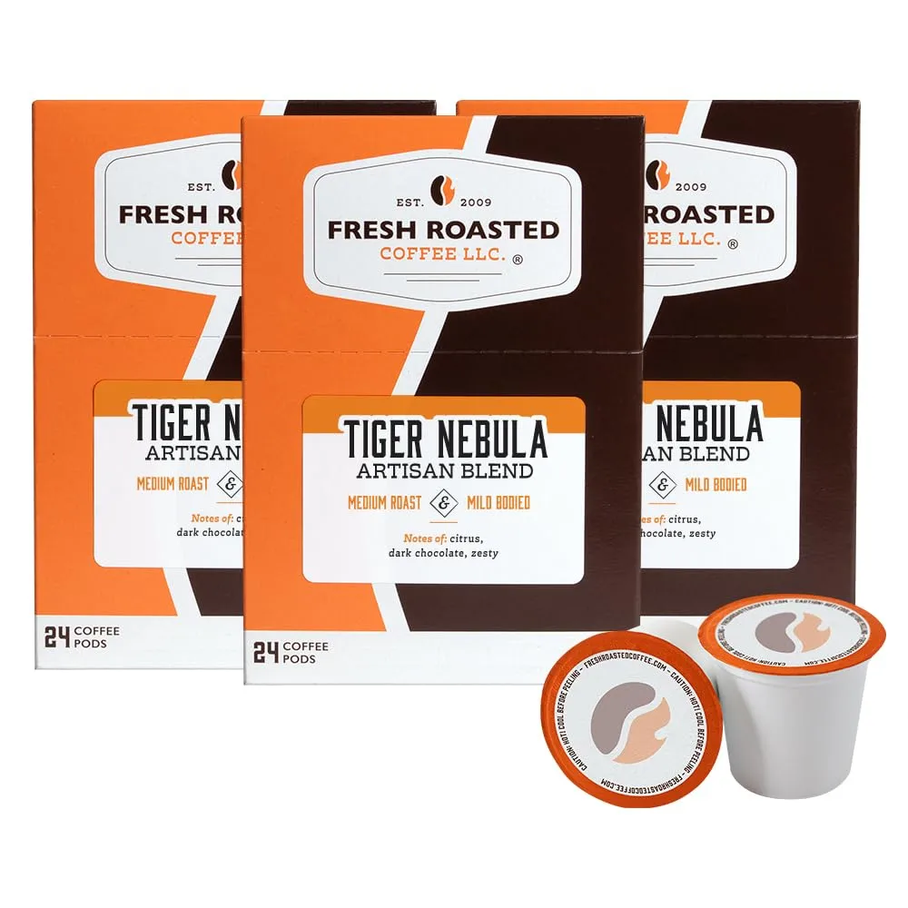 Fresh Roasted Coffee, Tiger Nebula, Medium Roast, 72 Pods for K Cup Brewers