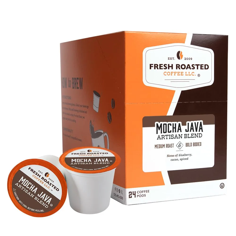 Fresh Roasted Coffee, Mocha Java, Medium Roast, 24 Pods for K Cup Brewers