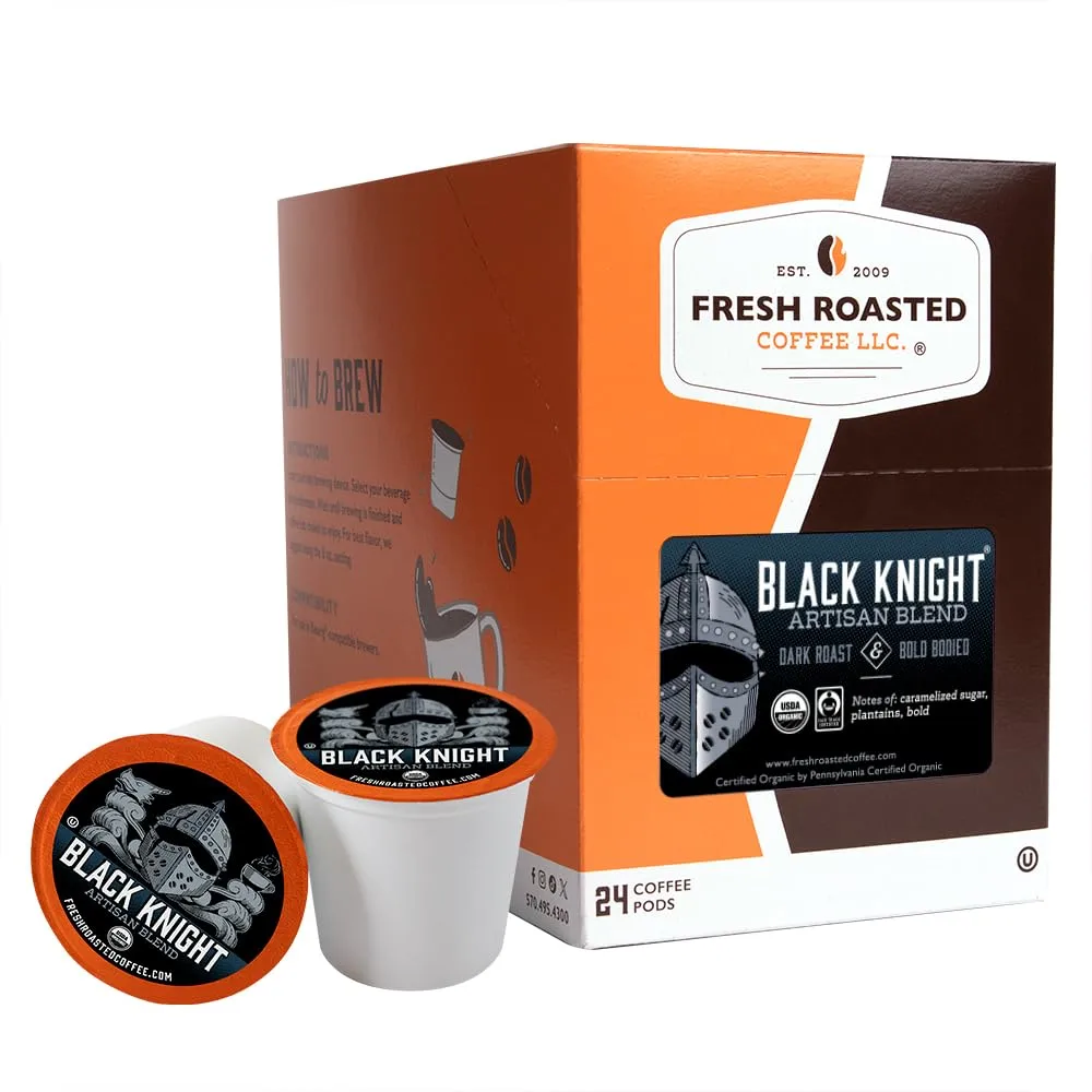 Fresh Roasted Coffee, Organic Black Knight, Dark Roast, 24 Pods for K Cup Brewers