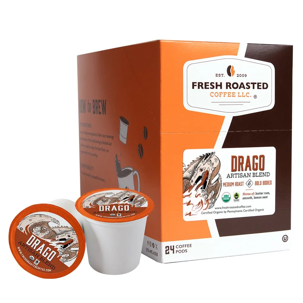 Fresh Roasted Coffee, Organic Drago, Medium Roast, 24 Pods for K Cup Brewers