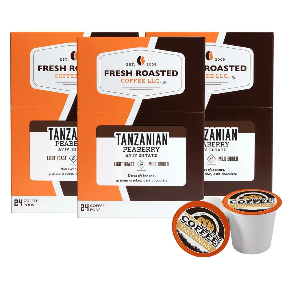 Fresh Roasted Coffee, Tanzanian Peaberry, Light Roast, 72 Pods for K Cup Brewers