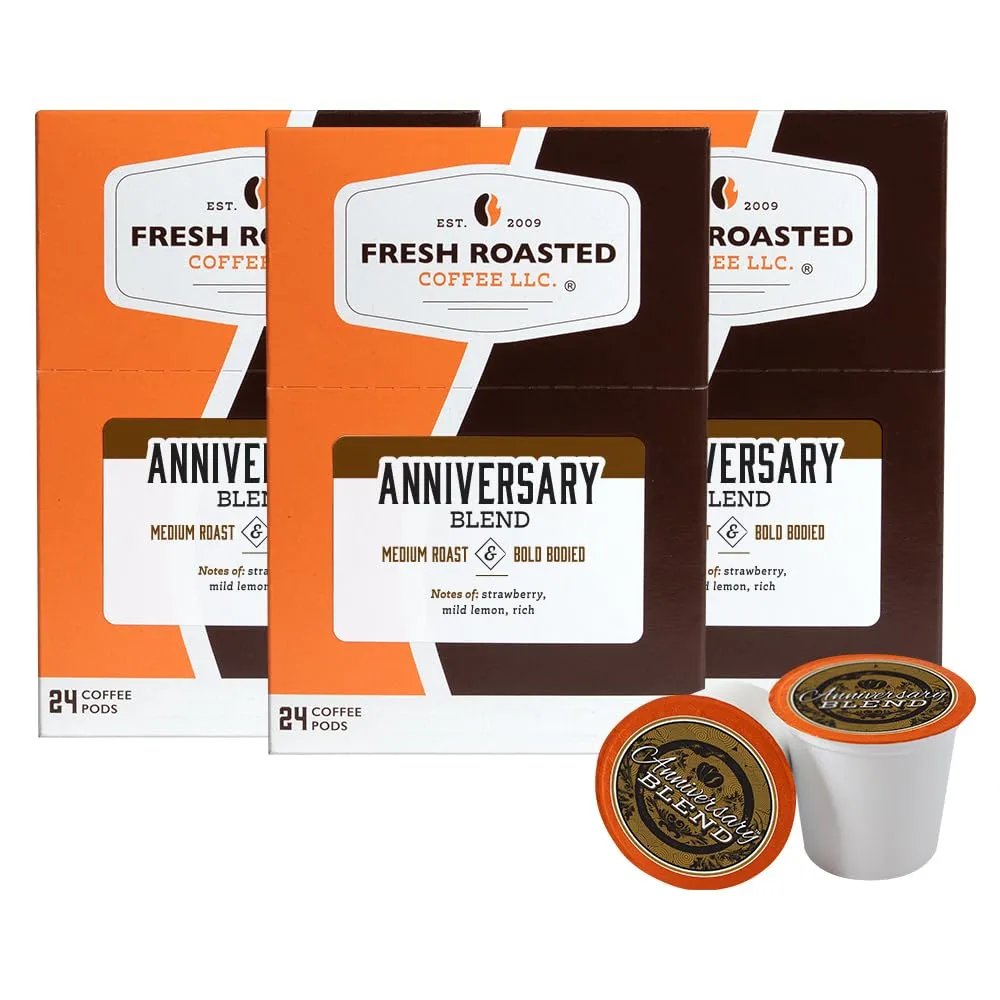 Fresh Roasted Coffee, Anniversary Blend, Medium Roast, 72 Pods for K Cup Brewers