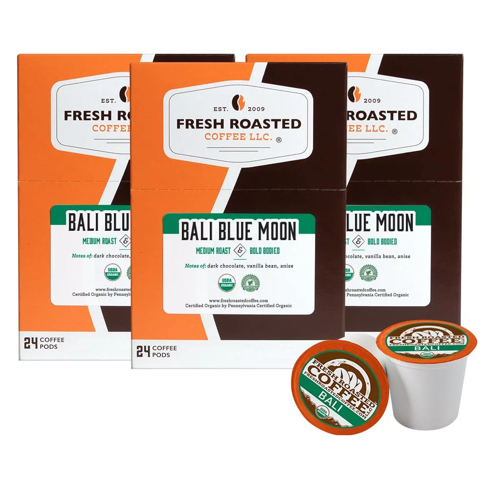 Fresh Roasted Coffee, Organic Bali Blue Moon, Medium Roast, 72 Pods for K Cup Brewers