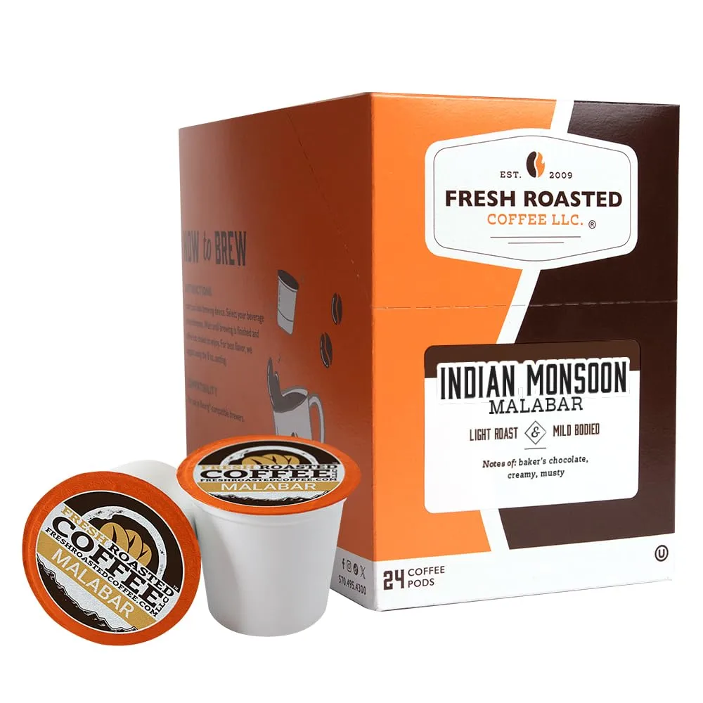 Fresh Roasted Coffee, Indian Monsoon Malabar, Light Roast, 24 Pods for K Cup Brewers