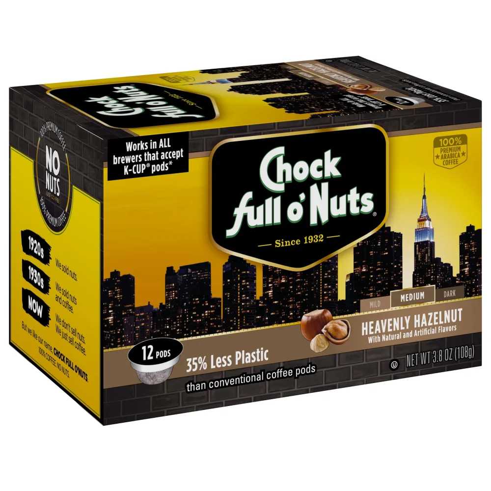 Chock Full o’Nuts Heavenly Hazelnut Roast, Medium Roast K-Cups, Flavored to Perfection with a Great Hazelnut Taste - Compatible with Keurig Pods K-Cup Brewers (1 Pack of 12 Single-Serve Cups)