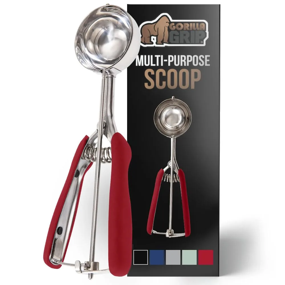 Gorilla Grip Stainless Steel Cookie Scoop for Baking, 3 TBSP, Multipurpose Melon Baller, Meatball Spring Scoops, Perfect Portion Sizes, Easy Food Release, Scooper Size 24, BPA-Free Kitchen Tool, Red