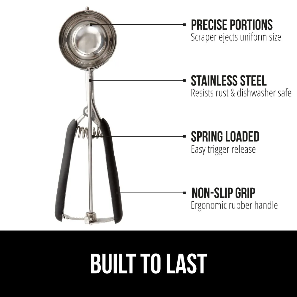 Gorilla Grip Stainless Steel Multipurpose BPA-Free Spring Scoop, 2 TSP, for Melon, Cookie Dough, Ice Cream Scoops, Perfect Portion Sizes, Easy Squeeze and Clean Release, Scooper Size 100, Black