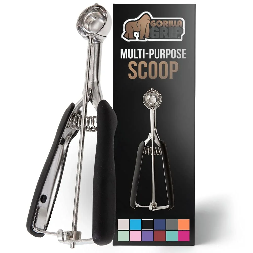 Gorilla Grip Stainless Steel Multipurpose BPA-Free Spring Scoop, 2 TSP, for Melon, Cookie Dough, Ice Cream Scoops, Perfect Portion Sizes, Easy Squeeze and Clean Release, Scooper Size 100, Black