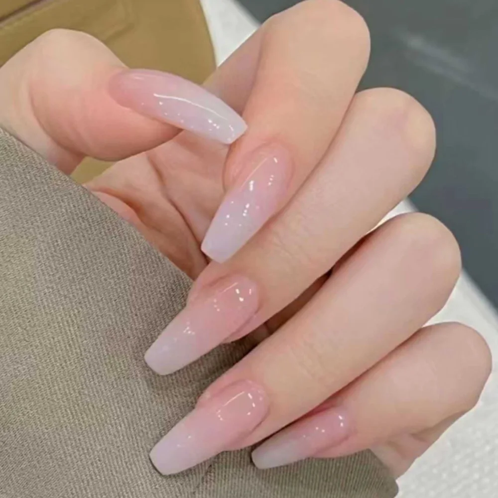 Long Press on Nails Square French Fake Nails Full Cover Nude Acrylic False Nails for Women and Girls 24PCS (Pink White)