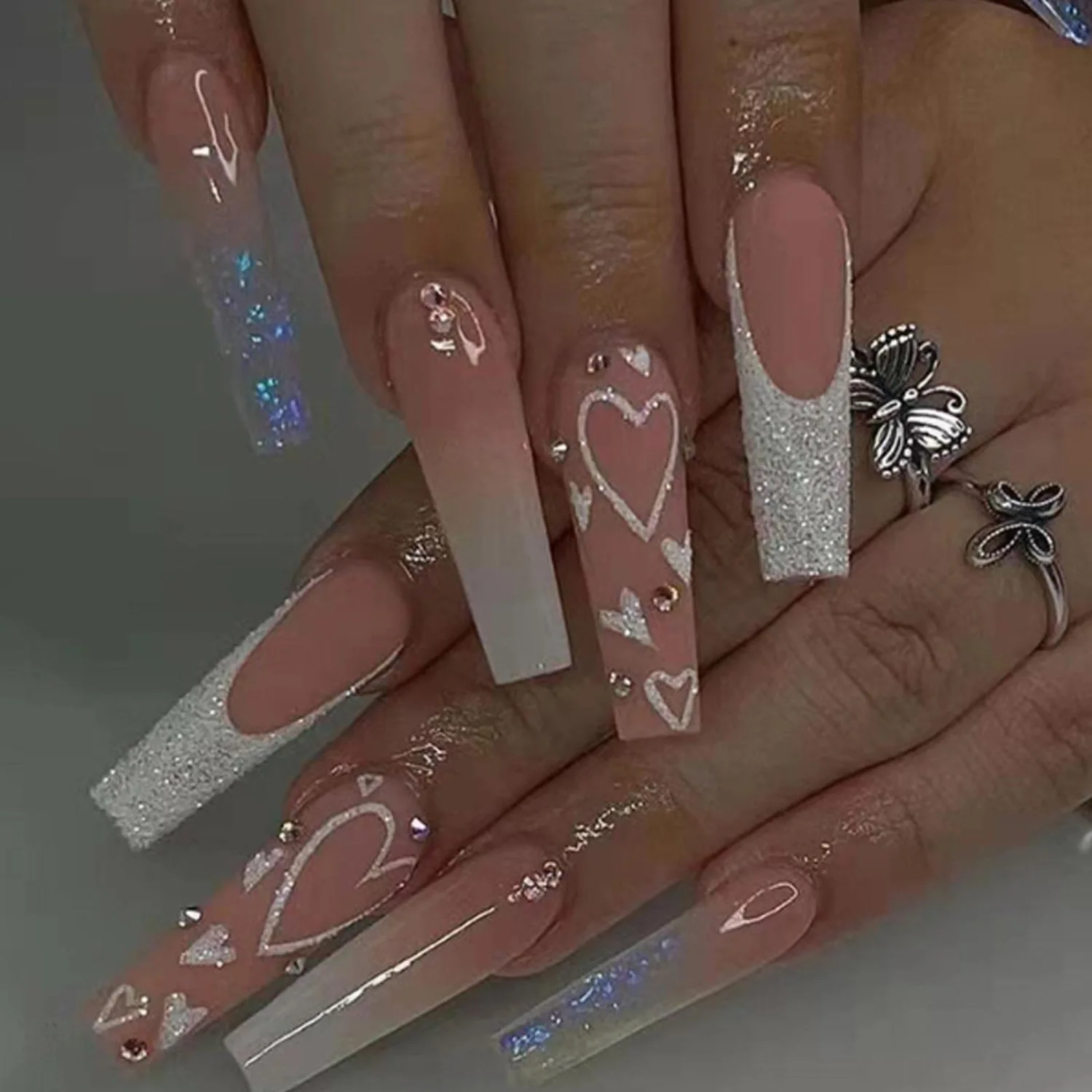Long Press on Nails Square French Fake Nails Full Cover Nude Acrylic False Nails for Women and Girls 24PCS (French Coffin Pink)