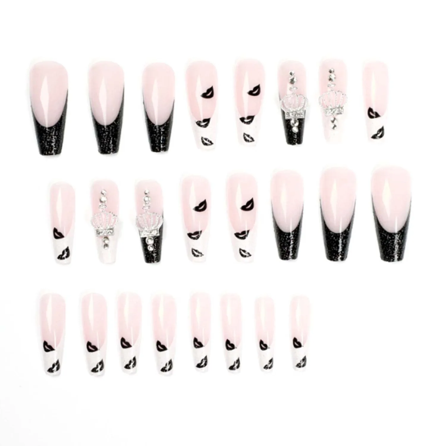 Long Press on Nails Square French Fake Nails Full Cover Nude Acrylic False Nails for Women and Girls 24PCS (French Crown Rhinestones)