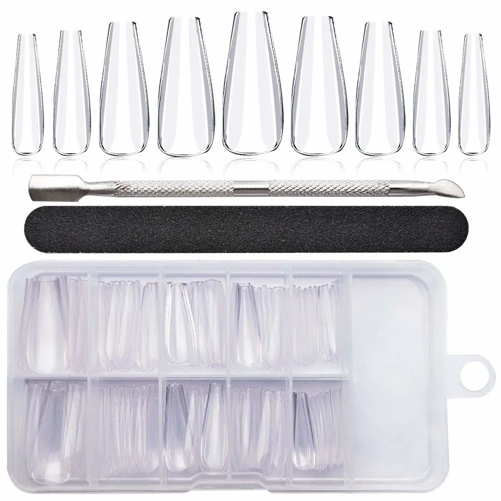 Clear Long Coffin Shaped Fake Nails, Ballerina Full Cover Acrylic Nail Tips, 100pcs Artificial False Nails with Nail File/Cuticle Pusher/Case for Salon Nail Art, DIY Long Coffin Nails Design Kit