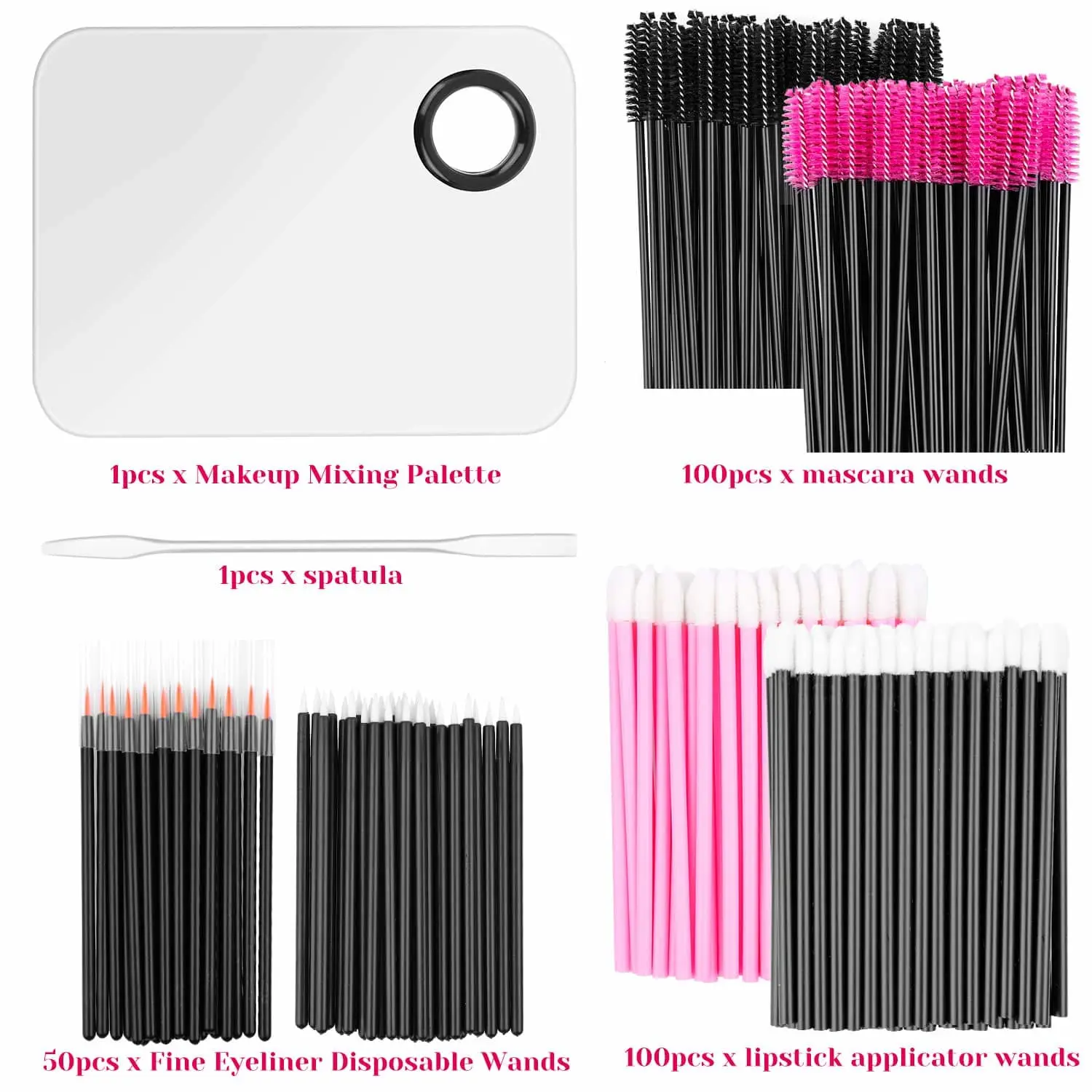 Disposable Makeup Applicators for Makeup Artist, Makeup Mixing Tray with Disposable Makeup Acessories Tools Kit (Mascara Applicators, Lipstick Wands, Eyeliner Brushes)