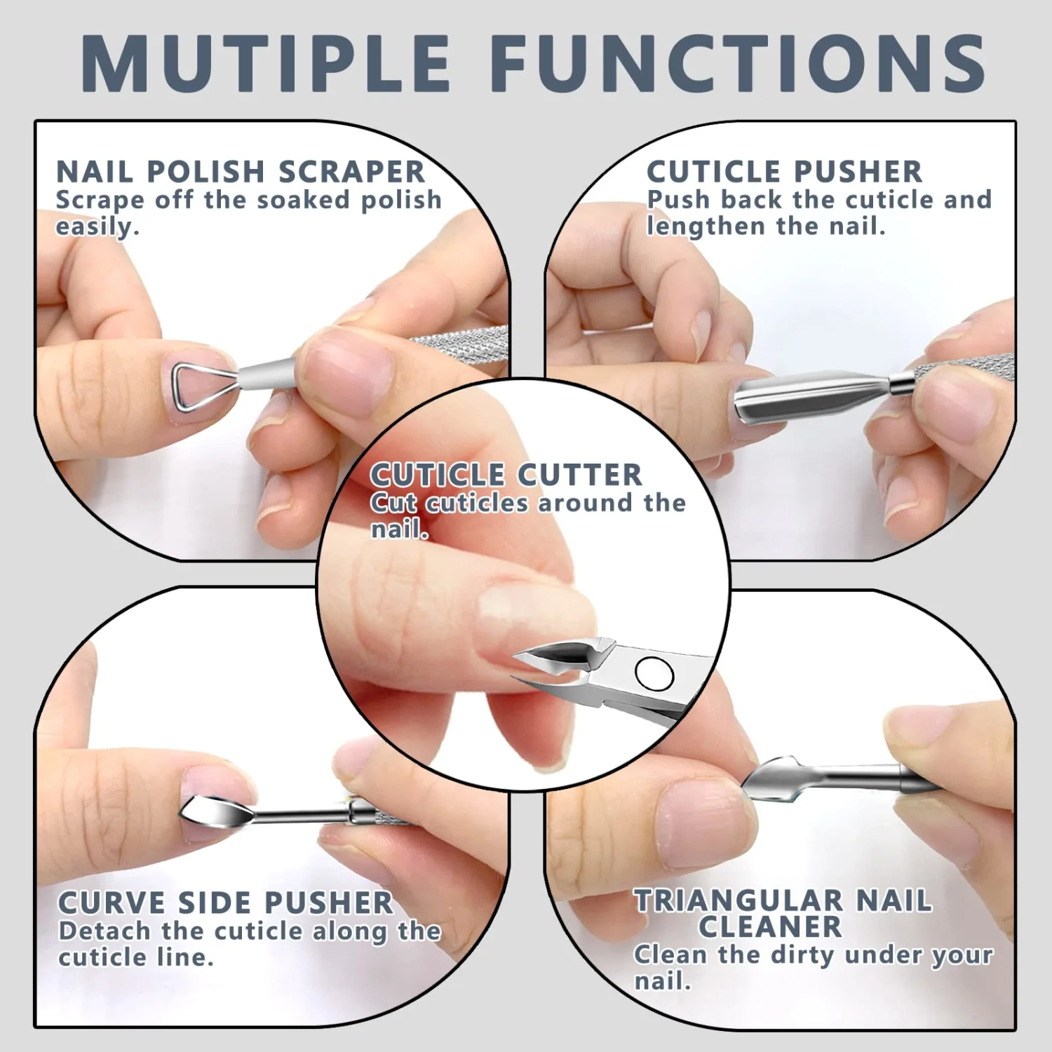 Cuticle Trimmer with Cuticle Pusher and Scissors, Cuticle Remover Professional Durable Pedicure Manicure Tools, Stainless Steel Cuticle Nipper Cutter Clipper for Fingernails and Toenails Silver