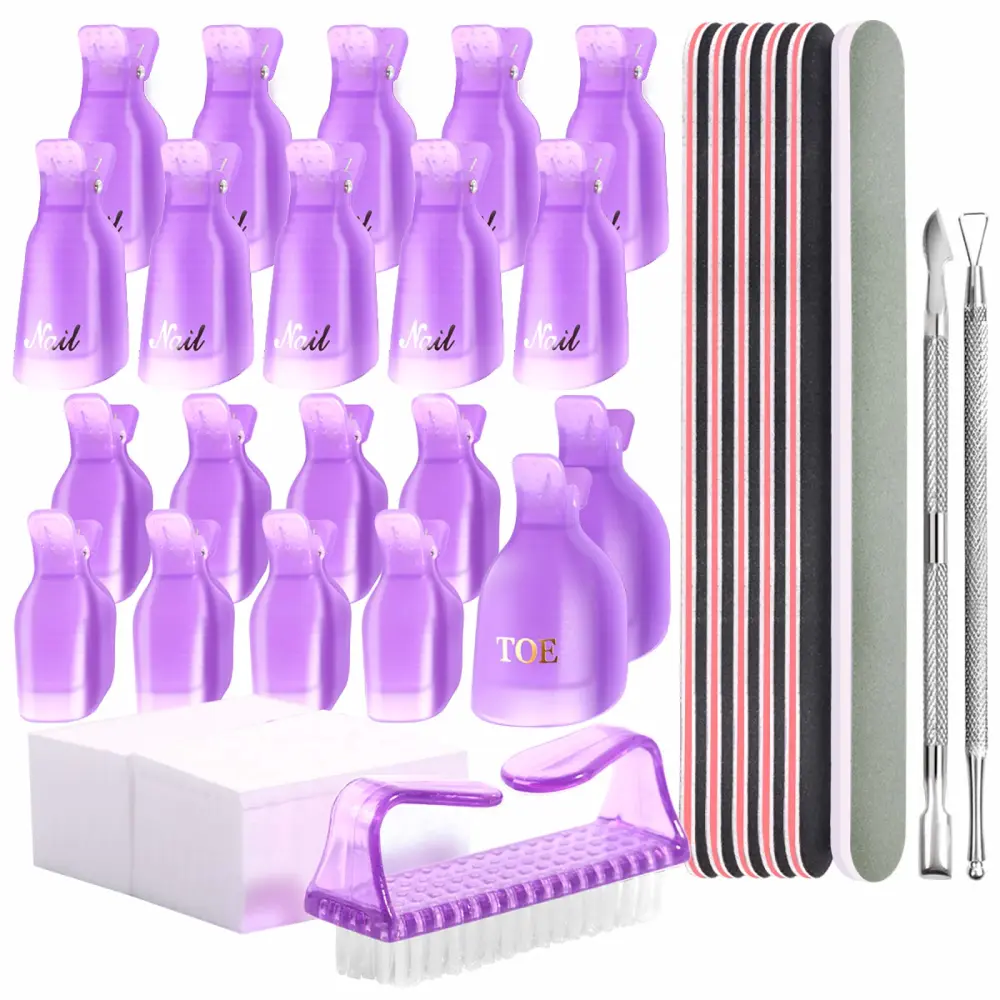 Teenitor Gel Nail Polish Remover Kit - Nail Clips, Remover Pads, Cuticle Peeler, Nail File, Buffer, Brushes & Soak Off Clips for Hands & Toes - Purple