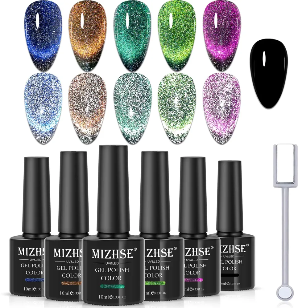 MIZHSE Reflective Glitter 9D Cat Eye Gel Nail Polish, Galaxy Magnetic Gel Polish Set with Magnet Stick, Holographic Chameleon Shimmery Effect Soak Off Nail Art Manicure Kit