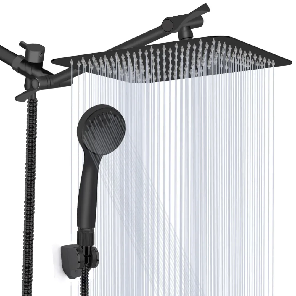 12'' Shower Head, Kaqinu High Pressure Rainfall Shower Head/Handheld Showerhead Combo with 11” Extension Arm, Anti-leak Shower Head with Holder/Hose, Flow Regulator - Matt Black