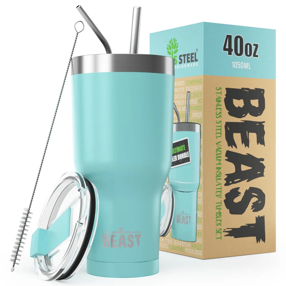 Beast 40 oz Tumbler Stainless Steel Vacuum Insulated Coffee Ice Cup Double Wall Travel Flask (Aquamarine Blue)