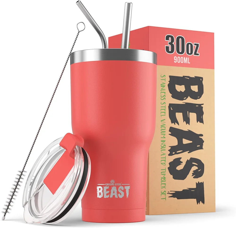 Beast 30 oz Tumbler Stainless Steel Vacuum Insulated Coffee Ice Cup Double Wall Travel Flask (Coral Pink)