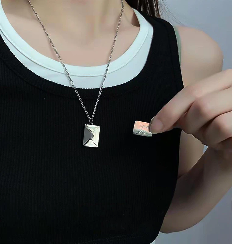 Titanium Steel Lettering Love Letter Envelope Pendant Necklace