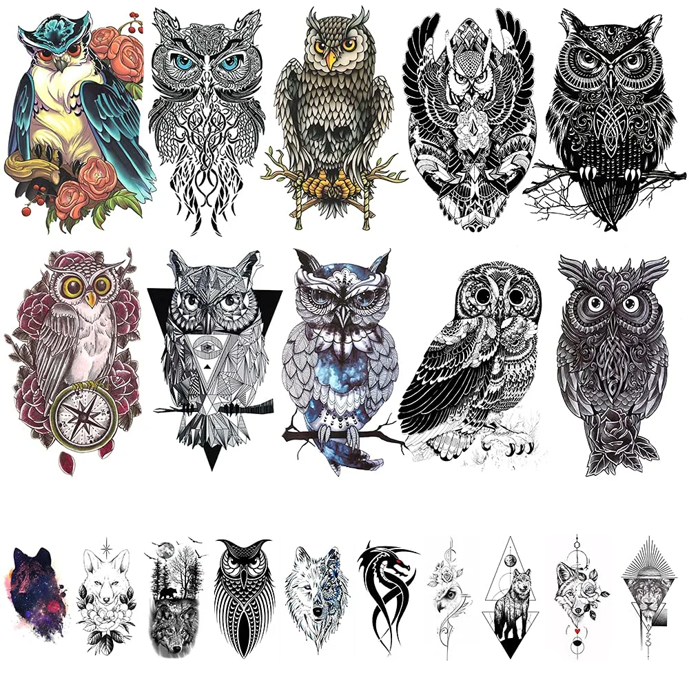 20 Sheets Large Owl Temporary Tattoos for Men Women, Realistic Owl Temporary Tattoo Stickers for Adults 3D Fake Wolf Lion Dragon Totem Animals Tatoos