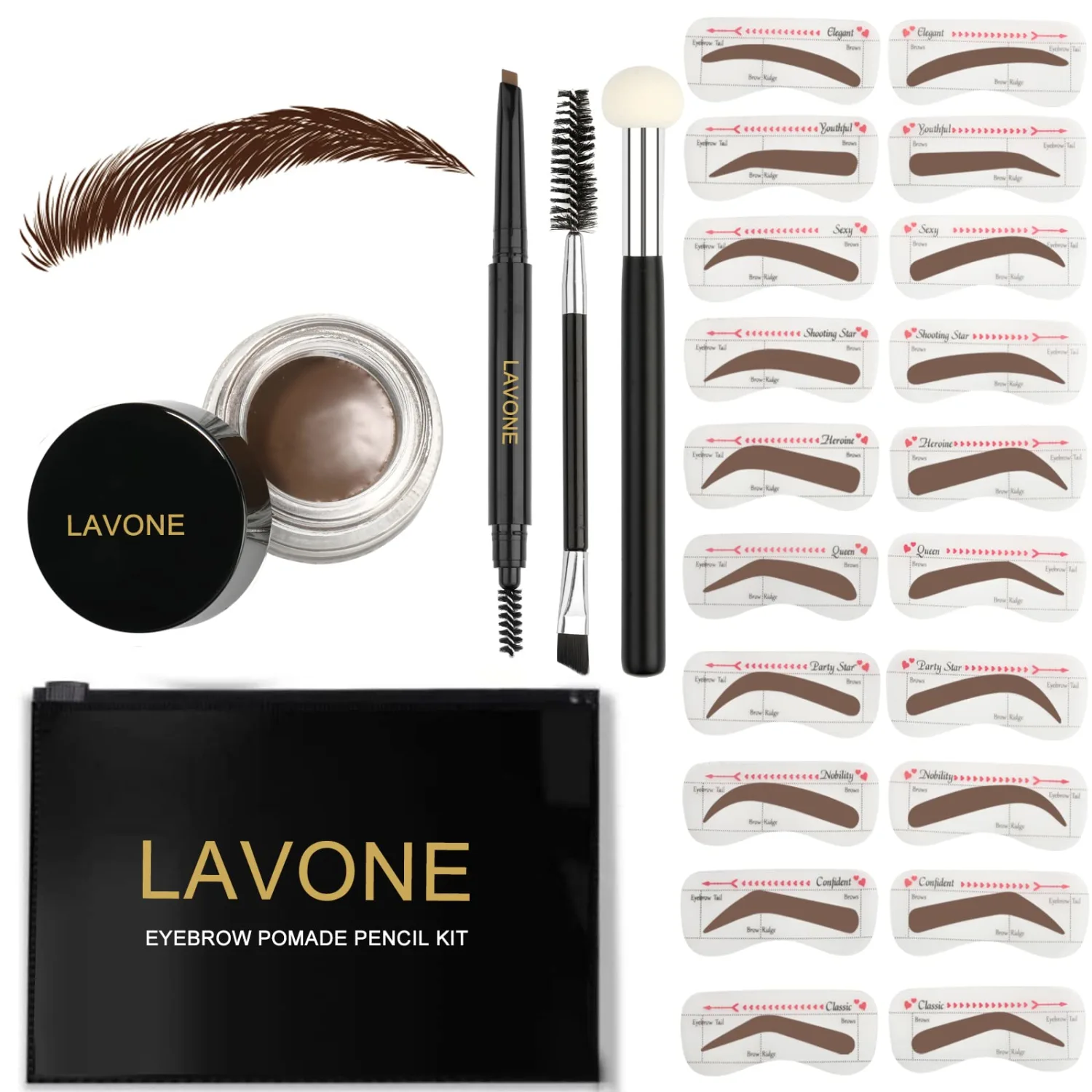 Eyebrow Stamp Stencil Kit ,Brow Stamp Trio Kit with Waterproof Eyebrow Pencil, Eyebrow Pomade, 20 Eyebrow Stencils, Dual-ended Eyebrow Brush and Sponge Applicator - Dark Brown