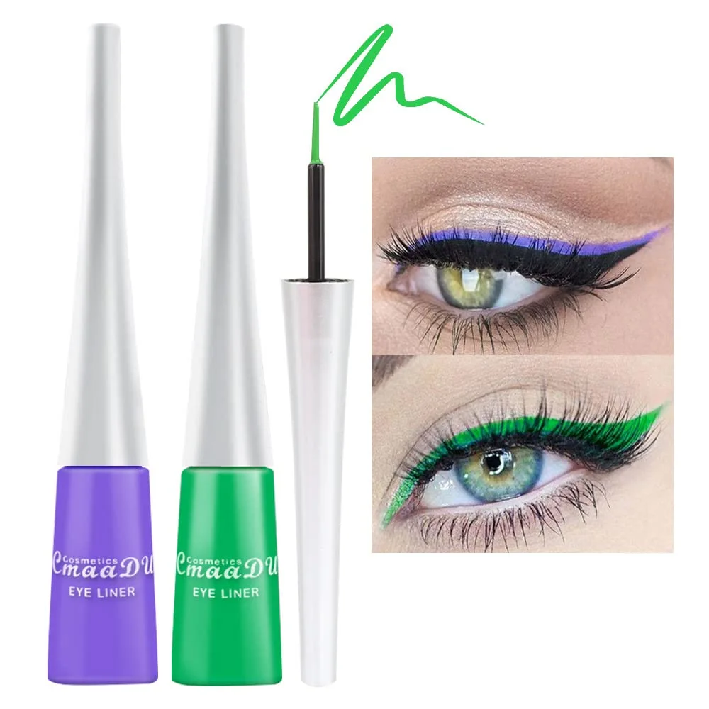 evpct 2Pcs Emerald Neon Green Purple Liquid Eyeliner Set Waterproof Colored Color Eye Liners for Women Stamps Shapes for Eyes delineadores de colores para ojos delineador de ojos contra el agua 05&10