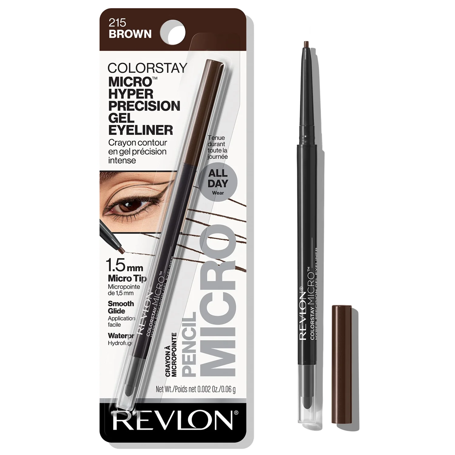 Revlon Gel Eyeliner, ColorStay Micro Hyper Precision Eye Makeup with Built-in Smudger, Waterproof, Longwearing with Micro Precision Tip, 215 Brown, 0.01 Oz