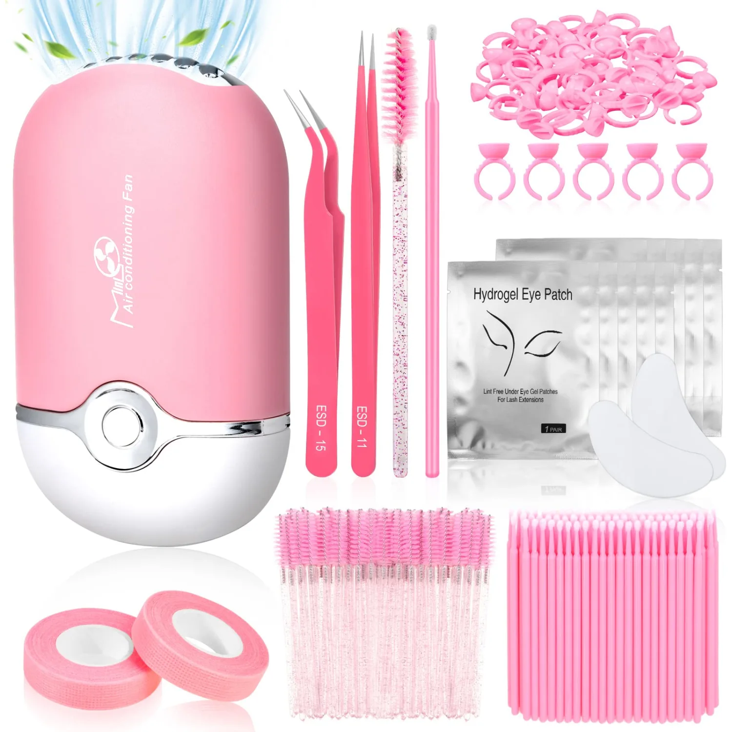 Modacraft Eyelash Extension Supplies Kit for Beginners with USB Air Conditioning Blower 2 Lash Tweezers, 100 Mascara Brushes, 50 Micro Applicators 50 Ring Cup Holders, 2 Tapes 10 Eye Gel Pads