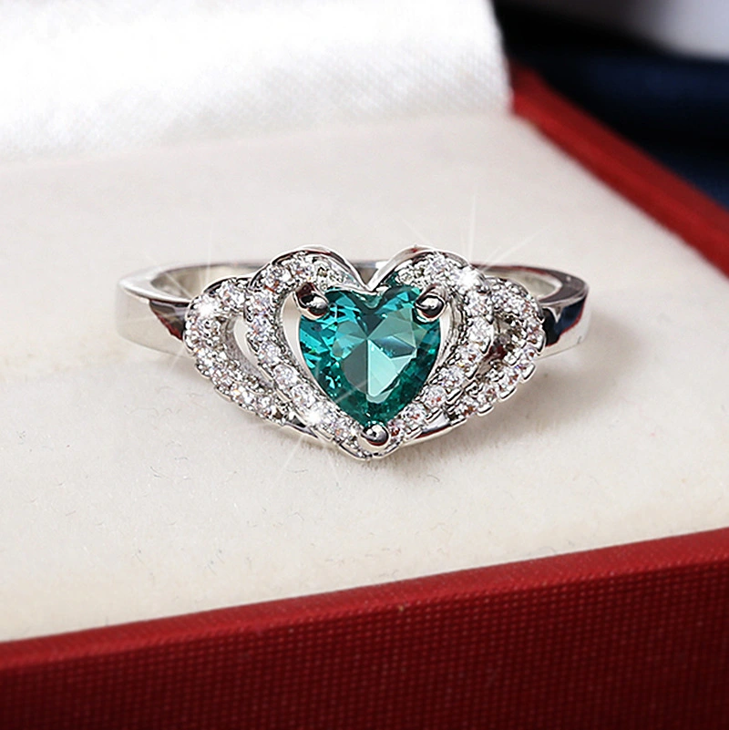 Green Zircon Heart-shaped Ornament Love Heart-shaped Ring